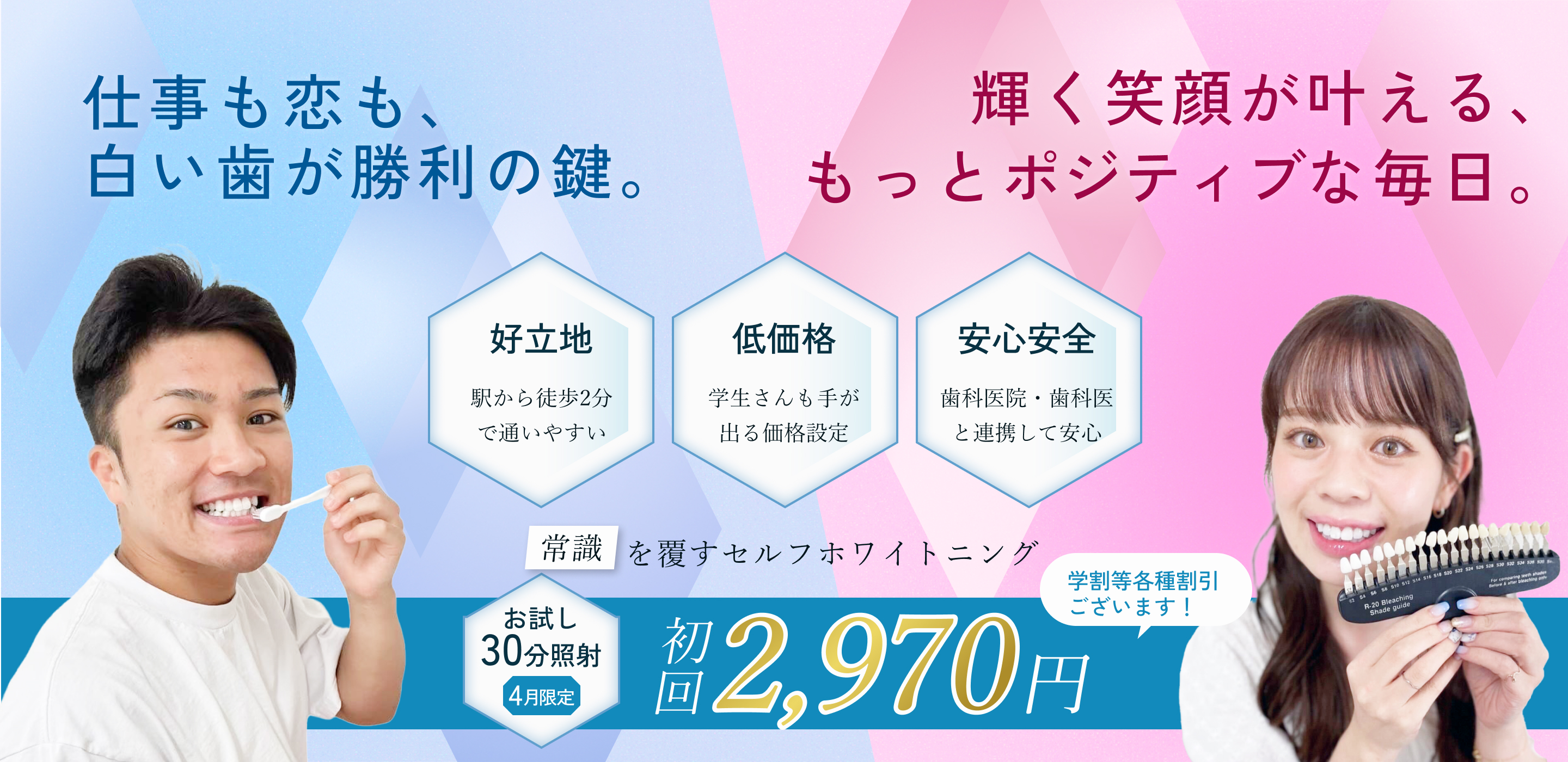 「仕事も恋も、白い歯が勝利の鍵。」というキャッチコピーとともに、セルフホワイトニングサービスを宣伝する男性と女性の笑顔の写真。